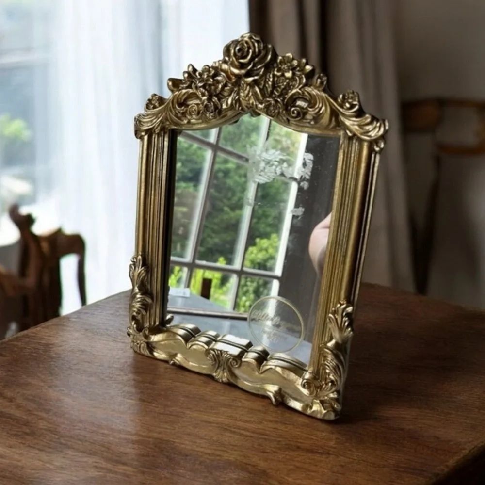 Ornate gold floral table top mirror 6”x9”